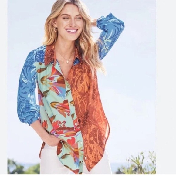 Soft Surrounding Mixed Pattern Button Up Blouse Womens Sz S Floral Multi Color - Picture 10 of 11